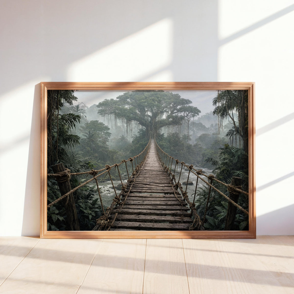 Framed horizontal rope bridge wall art leaning against a sunlit wall, misty moss green tones.
