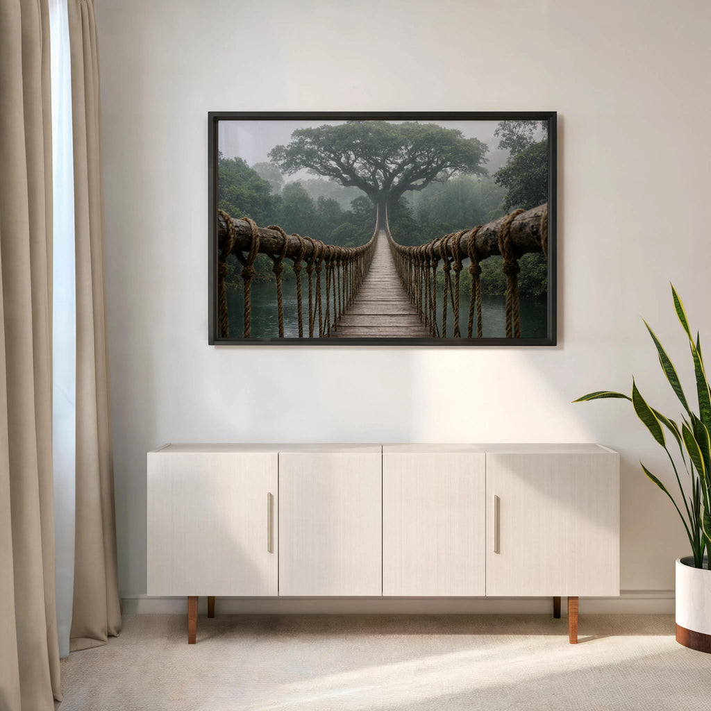 Misty Jungle Suspension Bridge Print, Rainforest Woodland Wall Art, Tropical Forest Landscape Poster, Nature Travel Adventure Decor