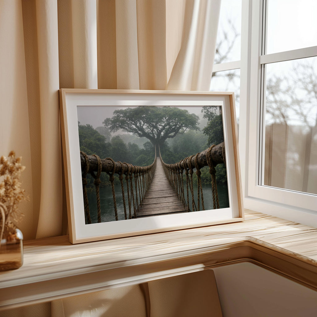 Misty Jungle Suspension Bridge Print, Rainforest Woodland Wall Art, Tropical Forest Landscape Poster, Nature Travel Adventure Decor