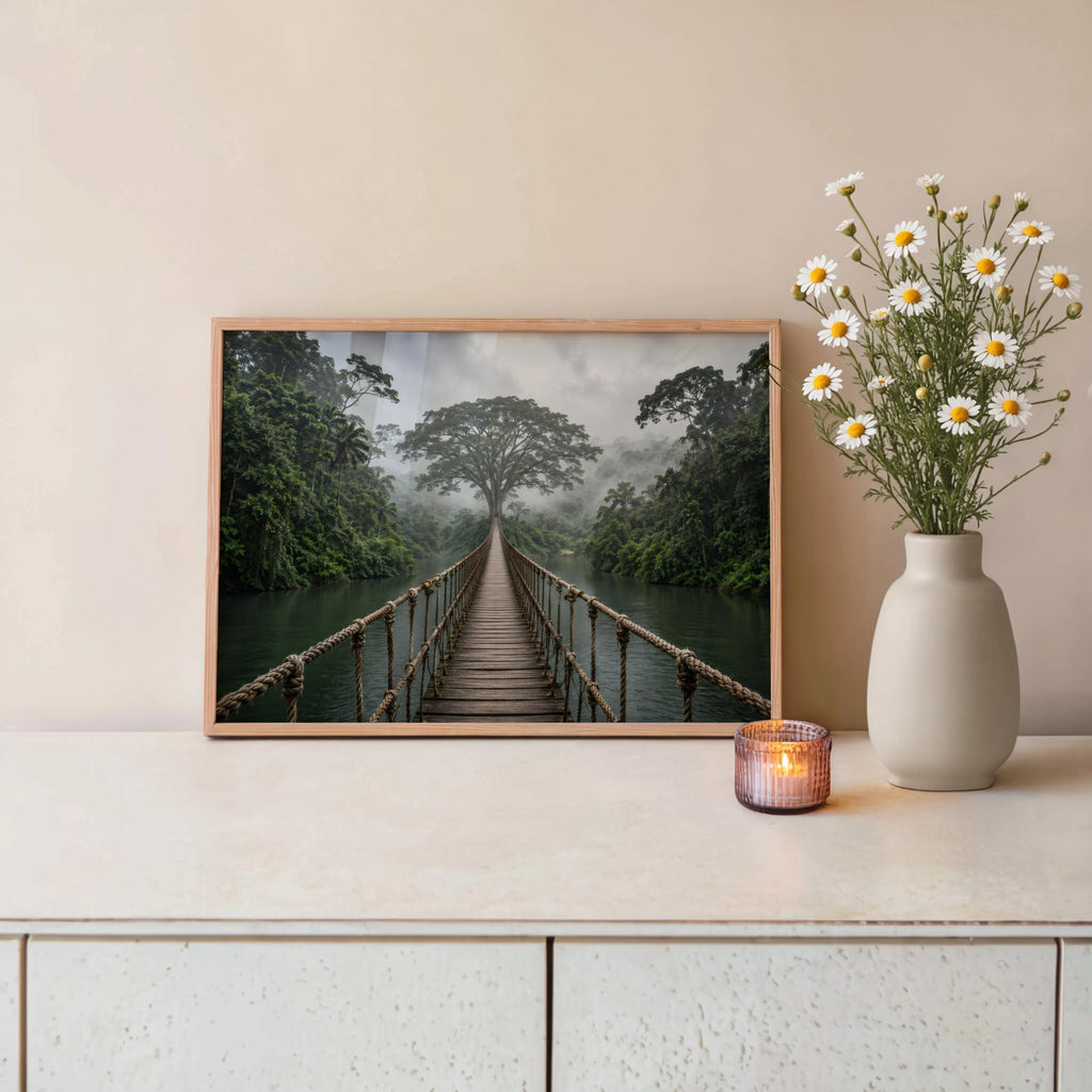 Tropical Jungle Wall Art, Rope Bridge Landscape, Rainforest Photography Print, Exotic Wilderness Decor, Travel Lover Present, Scenic Artwork