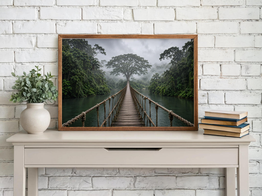 Tropical Jungle Wall Art, Rope Bridge Landscape, Rainforest Photography Print, Exotic Wilderness Decor, Travel Lover Present, Scenic Artwork