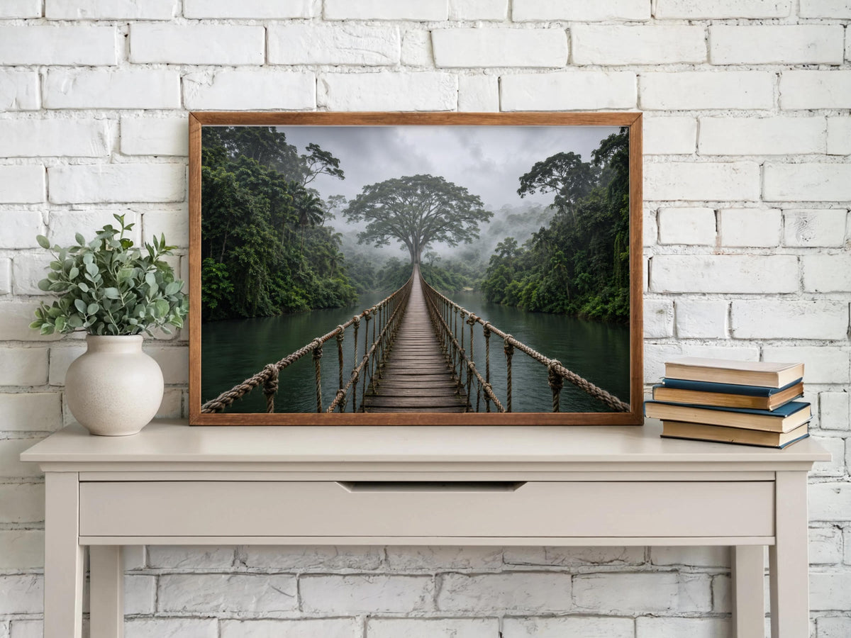 Tropical Jungle Wall Art, Rope Bridge Landscape, Rainforest Photography Print, Exotic Wilderness Decor, Travel Lover Present, Scenic Artwork