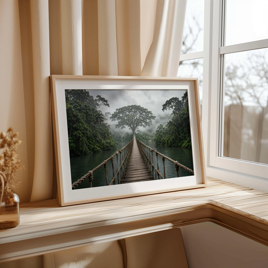 Tropical Jungle Wall Art, Rope Bridge Landscape, Rainforest Photography Print, Exotic Wilderness Decor, Travel Lover Present, Scenic Artwork