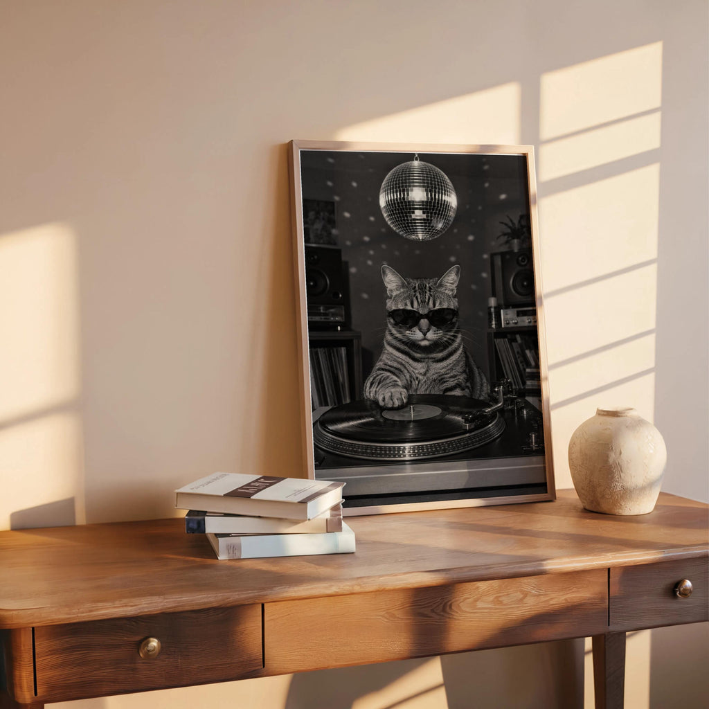 DJ Cat Vinyl Wall Art, Funny Retro Music Room Decor, Record Player Turntable Print, Disco Ball Poster, Animal Lover Gift