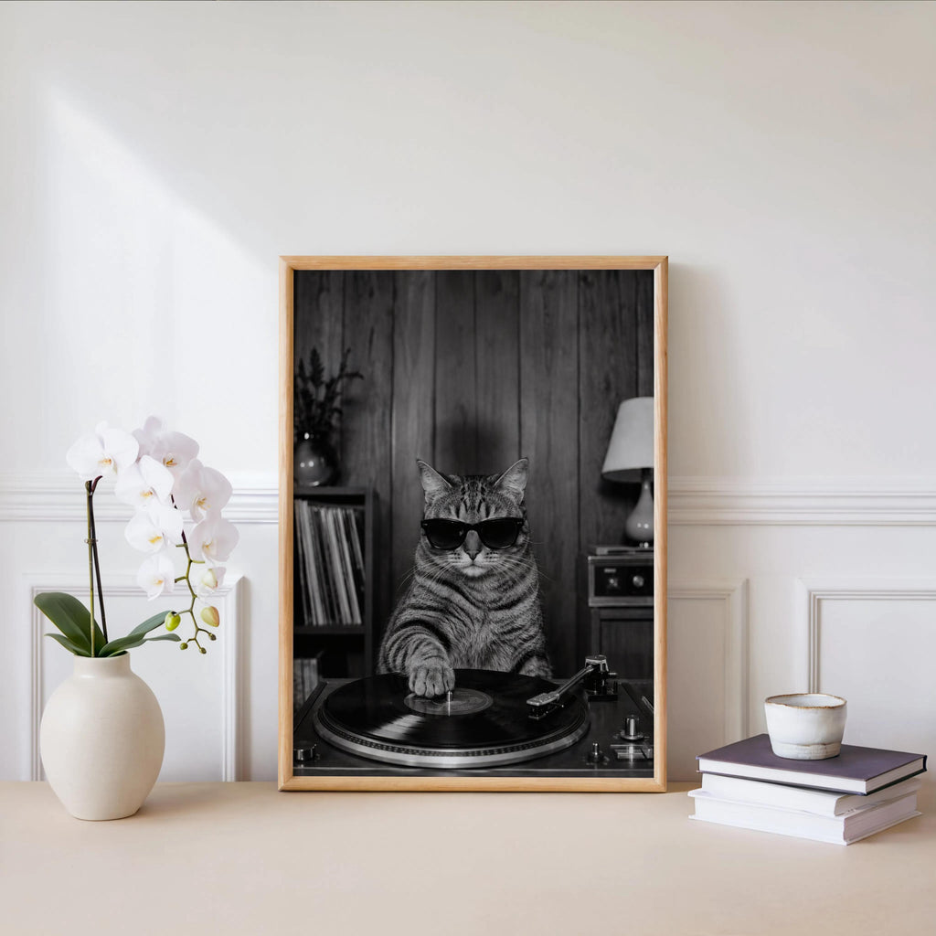 Cool Cat Vinyl Wall Art, Retro Music Room Decor, DJ Cat Print, Record Player Artwork, Disco Inspired Home Art, Music Lover Gift