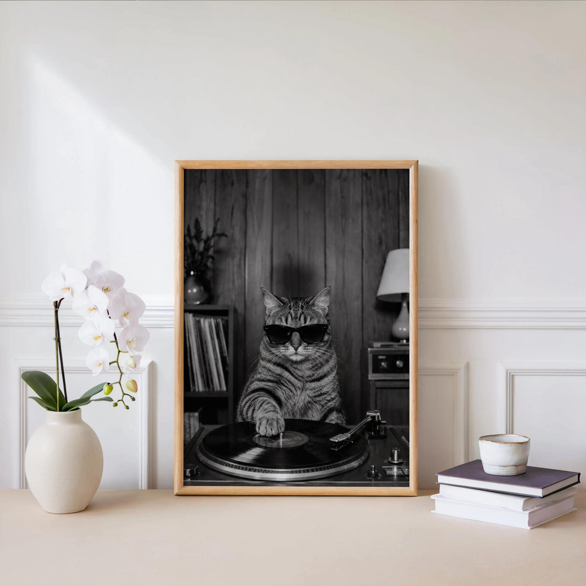 Cool Cat Vinyl Wall Art, Retro Music Room Decor, DJ Cat Print, Record Player Artwork, Disco Inspired Home Art, Music Lover Gift