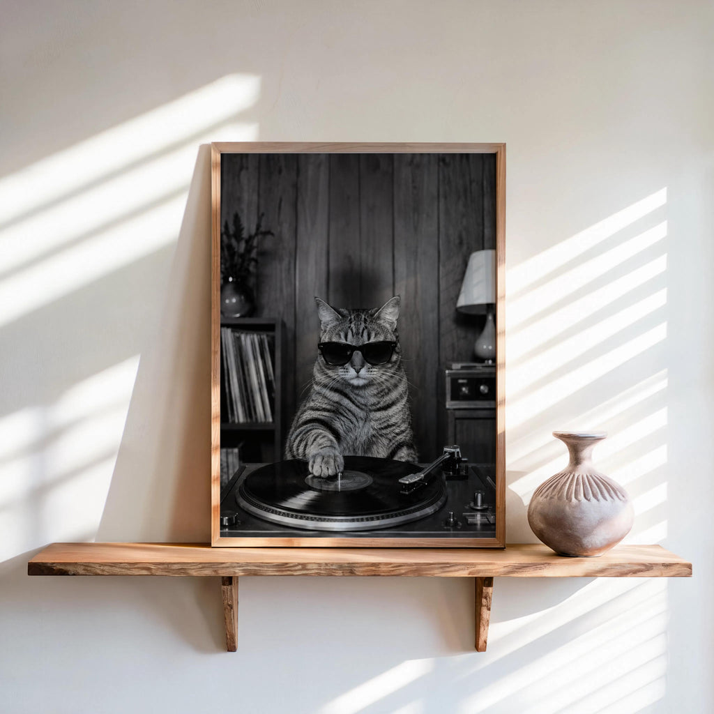 Cool Cat Vinyl Wall Art, Retro Music Room Decor, DJ Cat Print, Record Player Artwork, Disco Inspired Home Art, Music Lover Gift