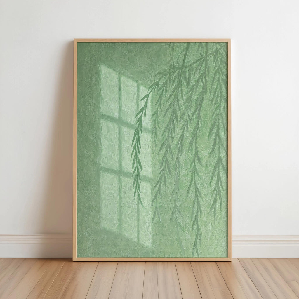 Willow Tree Shadow Wall Art, Golden Hour Light Botanical Window Print, Warm Minimalist Painting, Sunshine Silhouette Poster, Cozy Home Decor