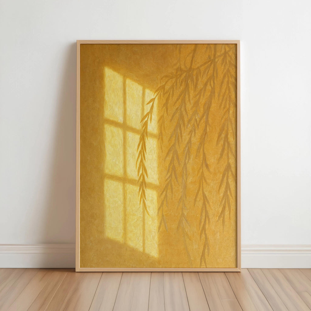 Willow Tree Shadow Wall Art, Golden Hour Light Botanical Window Print, Warm Minimalist Painting, Sunshine Silhouette Poster, Cozy Home Decor