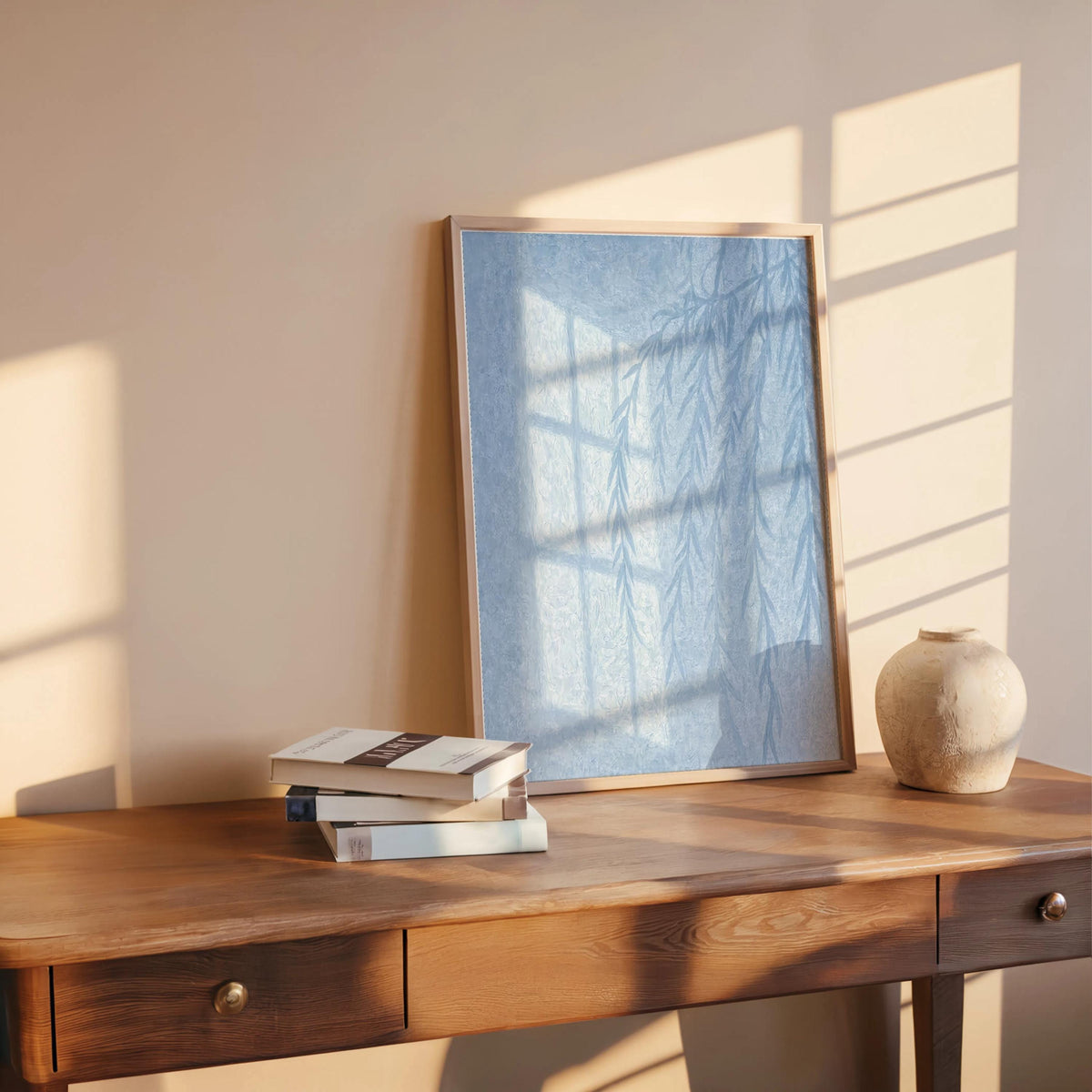Willow Tree Shadow Wall Art, Golden Hour Light Botanical Window Print, Warm Minimalist Painting, Sunshine Silhouette Poster, Cozy Home Decor