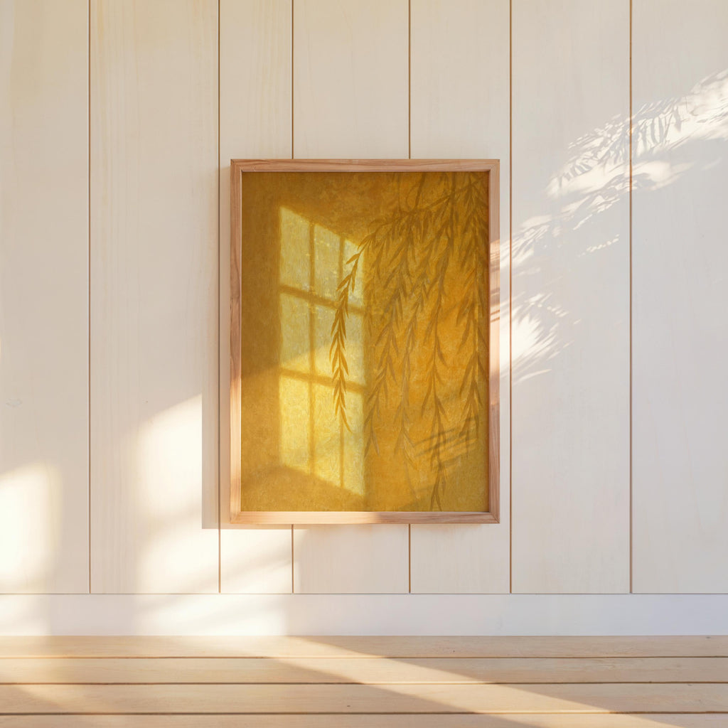 Willow Tree Shadow Wall Art, Golden Hour Light Botanical Window Print, Warm Minimalist Painting, Sunshine Silhouette Poster, Cozy Home Decor