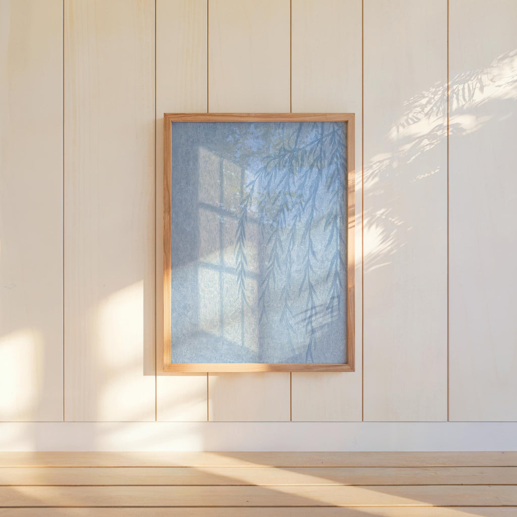 Willow Tree Shadow Wall Art, Golden Hour Light Botanical Window Print, Warm Minimalist Painting, Sunshine Silhouette Poster, Cozy Home Decor