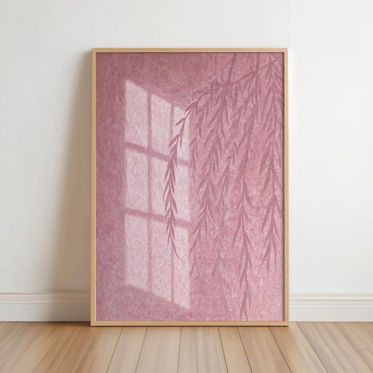 Willow Tree Shadow Wall Art, Golden Hour Light Botanical Window Print, Warm Minimalist Painting, Sunshine Silhouette Poster, Cozy Home Decor