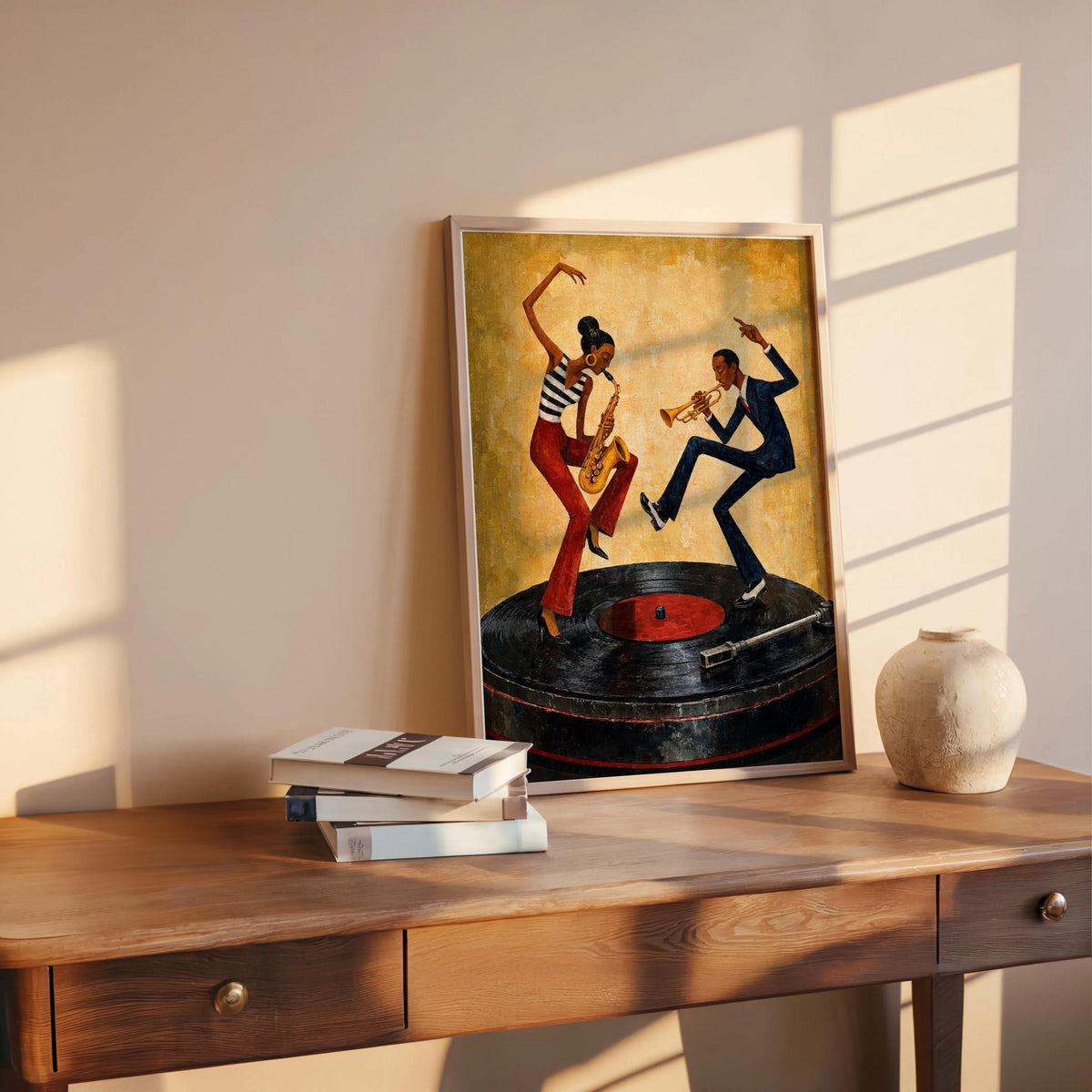 Dancing Couple Wall Decor, African American Music Art, Vinyl Record Player Painting, Afrocentric Retro Jazz Illustration, Vibrant Bar Decor