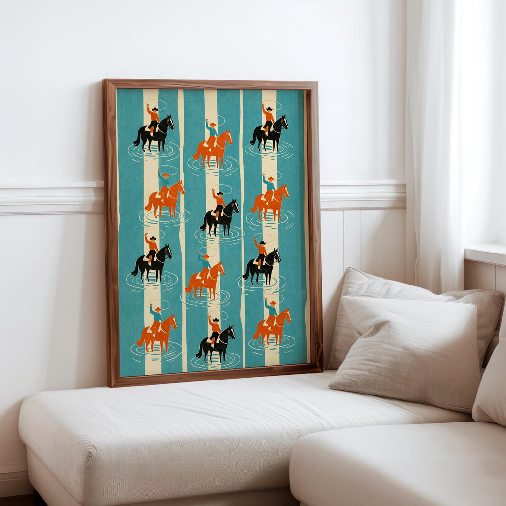 Coastal Western Striped Print, Aerial Cowboy on Horse & Lasso Wall Art, Vintage Equestrian Decor, Retro Ranch Rodeo Poster, Horse Lover Gift