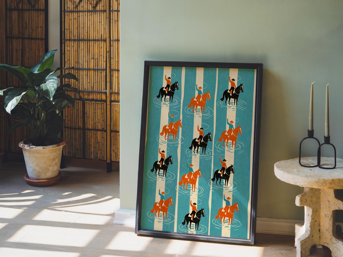 Coastal Western Striped Print, Aerial Cowboy on Horse & Lasso Wall Art, Vintage Equestrian Decor, Retro Ranch Rodeo Poster, Horse Lover Gift