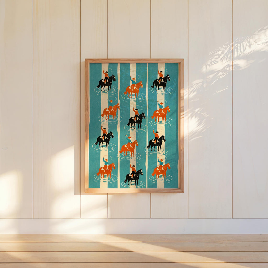 Coastal Western Striped Print, Aerial Cowboy on Horse & Lasso Wall Art, Vintage Equestrian Decor, Retro Ranch Rodeo Poster, Horse Lover Gift
