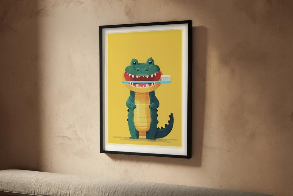 Black-framed crocodile print on textured beige wall, smiling croc with toothbrush, pediatric dental office decor