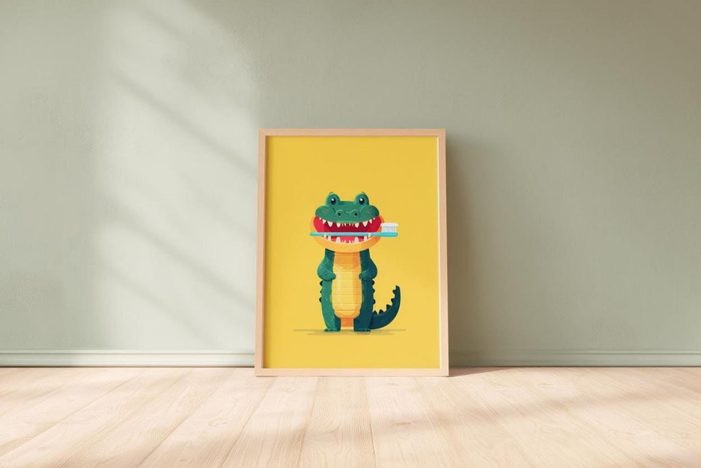 Mustard print leaning against pale green wall in soft sunlight, playful crocodile for children's bathroom decor and yellow nursery wall art