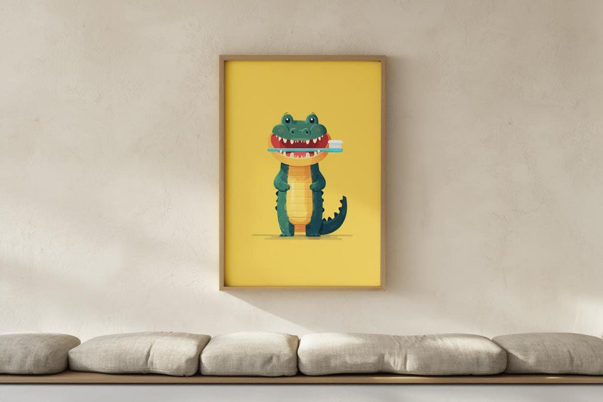 Centered mustard poster above cushioned bench, bright green croc brushing teeth, funny animal bathroom decor and kids bathroom wall art