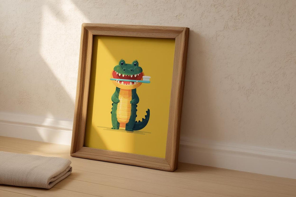 Leaning frame at baseboard in warm light, textured wall backdrop, whimsical animal wall art featuring an alligator art print