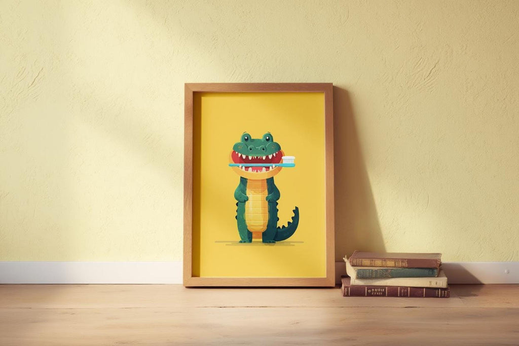Wood-framed print on floor against pale yellow wall with books nearby, crocodile bathroom art for children's bathroom decor