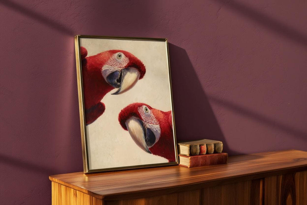 Peeking parrot poster in a gold-toned frame on a console, deep plum wall, whimsical tropical nursery vibe