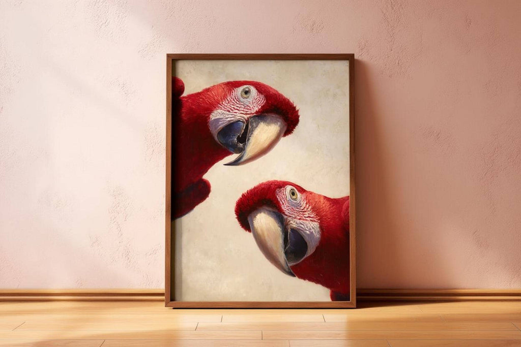 Parrot lover gift print in a light wood frame against a blush wall, charming two-macaw peeking poster design