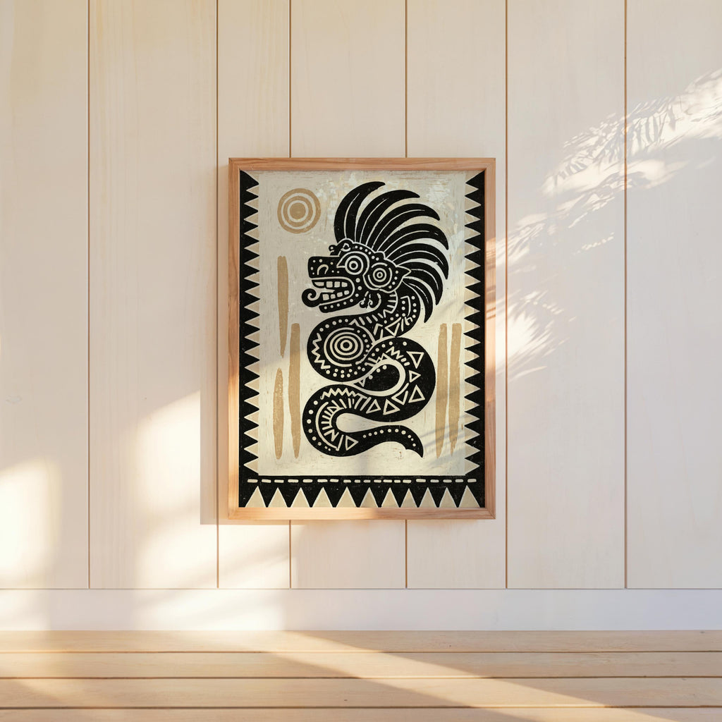 Mesoamerican wall decor, Quetzalcoatl wall art framed and hung on shiplap, geometric folk-art border visible.