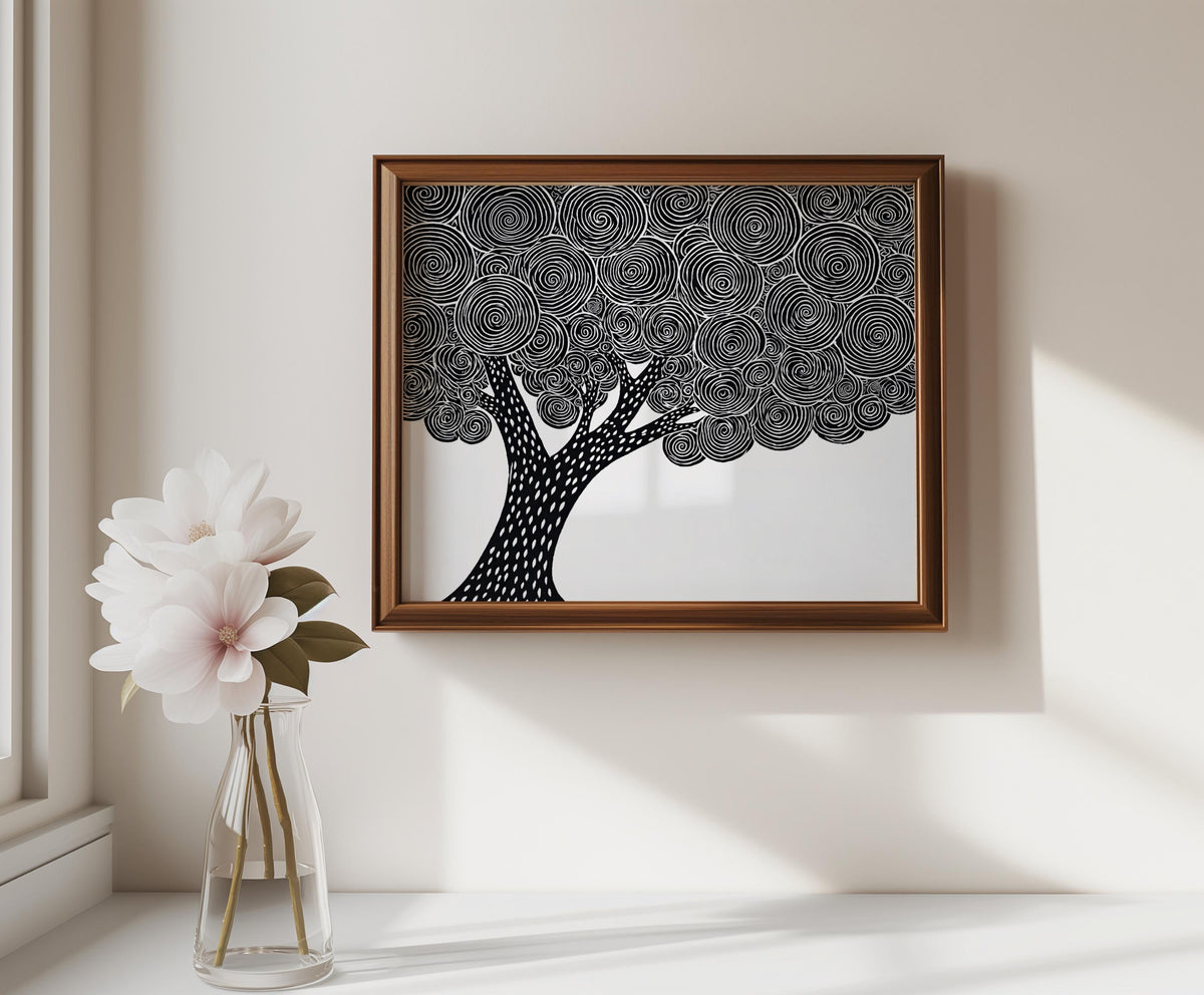 Framed black and white tree wall art above a console, intricate swirling canopy, minimalist nature print