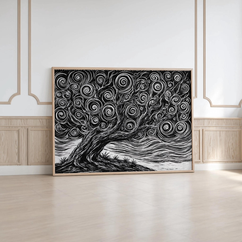Large-scale black and white tree linocut print leaning on an ornate white wall, dramatic woodblock texture and motion emphasized