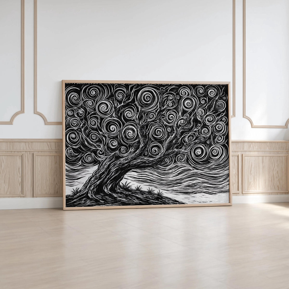Large-scale black and white tree linocut print leaning on an ornate white wall, dramatic woodblock texture and motion emphasized