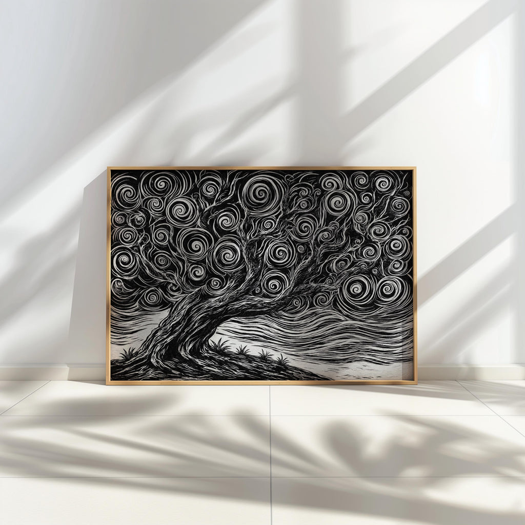 Framed black and white tree linocut print leaning against a sunlit wall, strong contrast and swirling wind lines visible