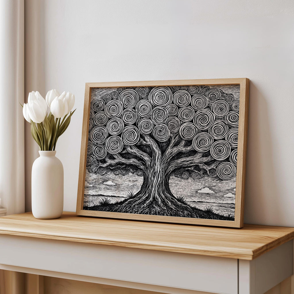 Black and white tree of life wall art, horizontal print in wood frame, displayed on shelf beside white tulips.