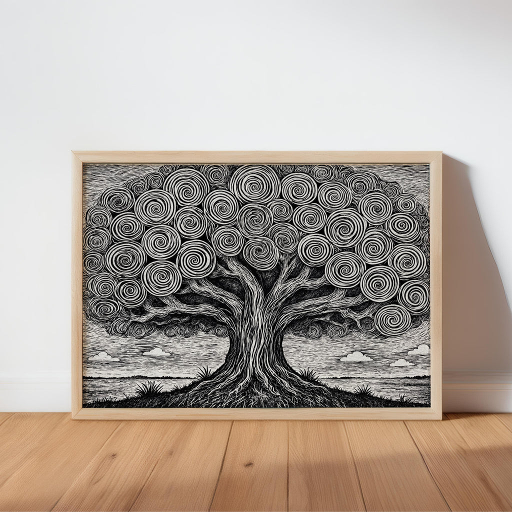 Horizontal black and white tree of life wall art, framed in natural wood, leaning on oak floor.