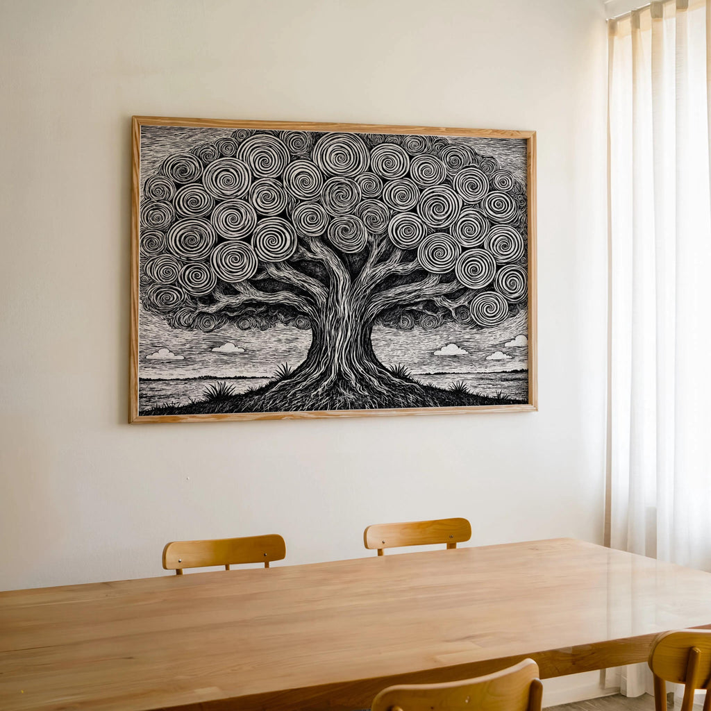 Black and white tree of life wall art framed and centered above a wooden dining table, monochrome focal point in room.