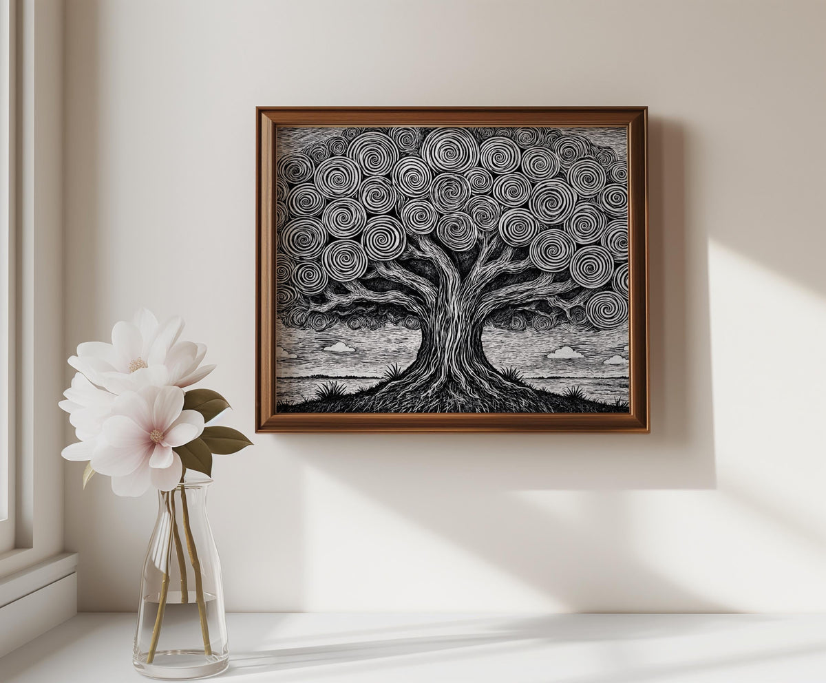 Horizontal black and white tree of life wall art, framed above a console table, glass vase with white flowers beside it.