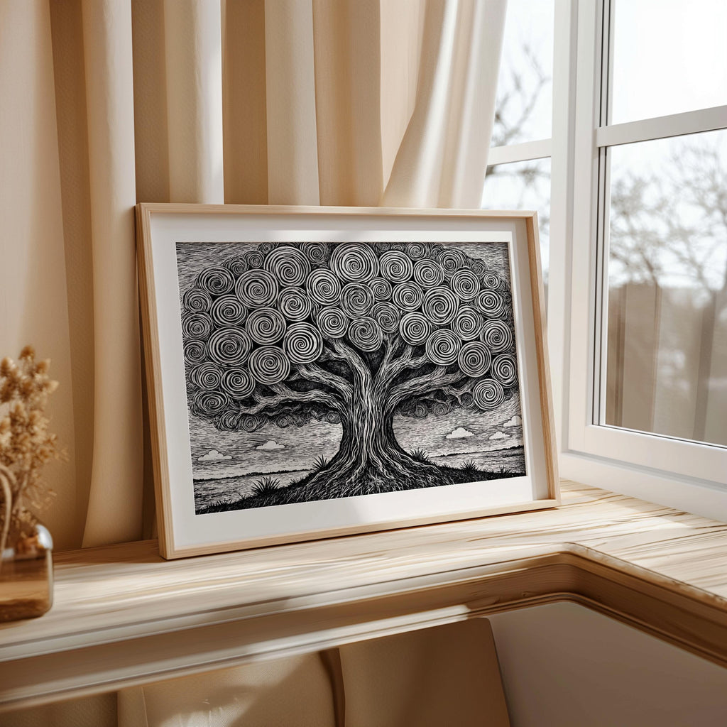 Horizontal black and white tree of life wall art, wood frame propped on a sunny windowsill, cozy corner vignette.