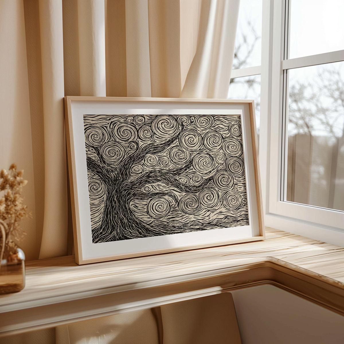 Natural frame on a sunny windowsill, soft curtains and outdoor view, linocut tree print, neutral tree wall art