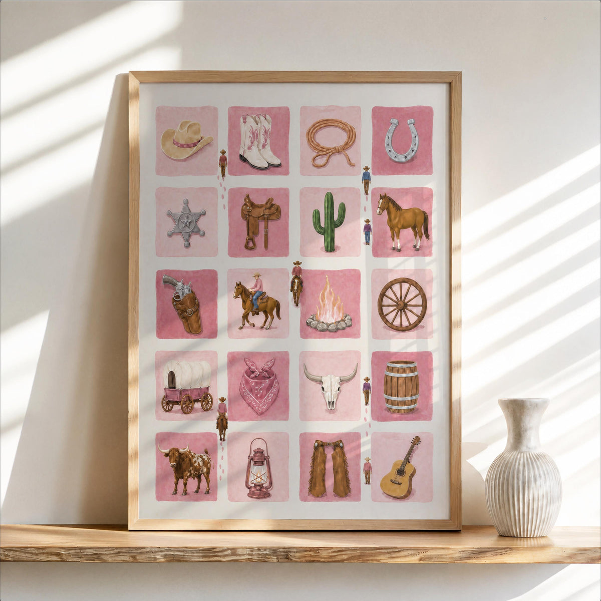Mid Century Cowboy Wall Art, Western Illustration, Ranch Kids Room Decor, Vintage Cowboys Nursery Print, Horse Lover Gift, Wild West Country
