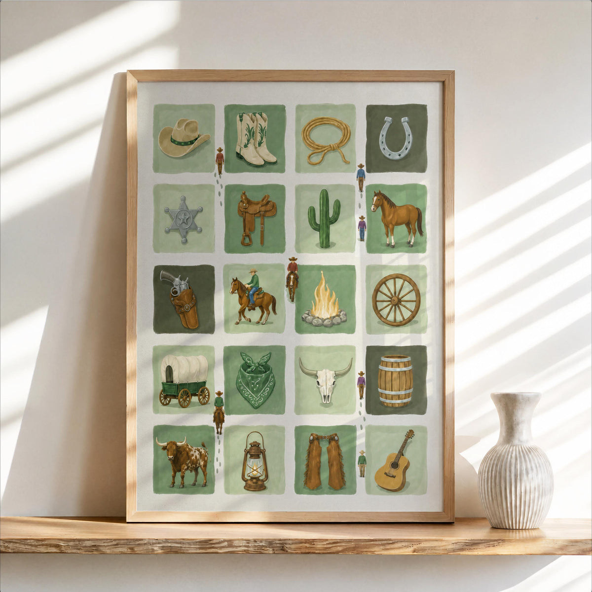 Mid Century Cowboy Wall Art, Western Illustration, Ranch Kids Room Decor, Vintage Cowboys Nursery Print, Horse Lover Gift, Wild West Country