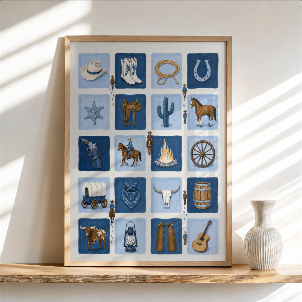 Mid Century Cowboy Wall Art, Western Illustration, Ranch Kids Room Decor, Vintage Cowboys Nursery Print, Horse Lover Gift, Wild West Country