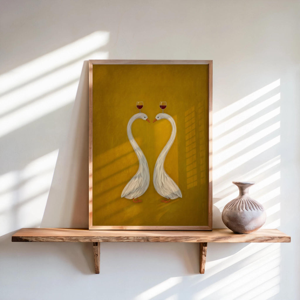 Mustard colorful minimalist wall art framed on a shelf, swan couple with light texture, romantic bird decor