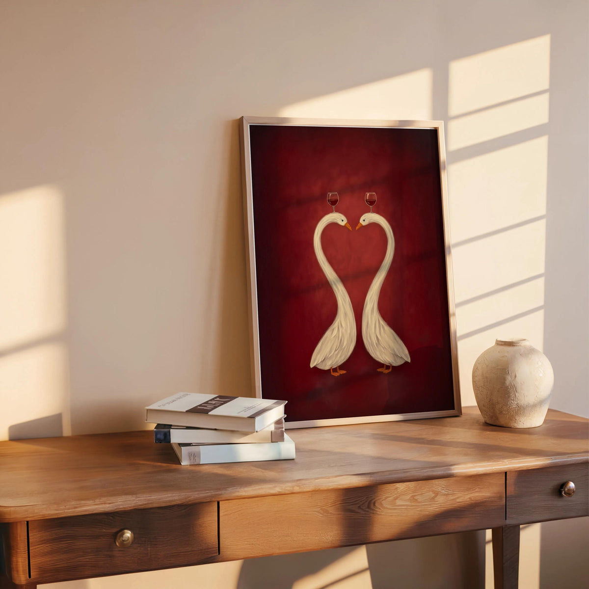 Burgundy romantic swan wall art on table, framed heart swans with textured background, ideal wedding anniversary gift