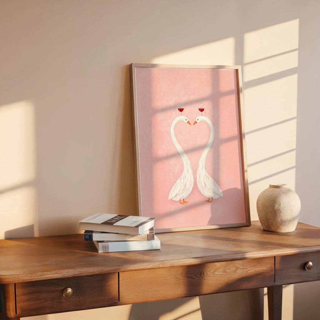 Soft pink romantic bird wall decor propped on table, heart swans with gentle texture, perfect couples bedroom decor