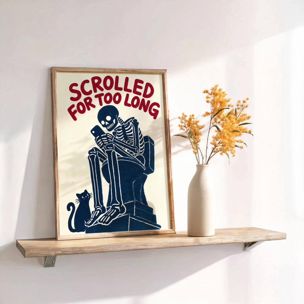 Scrolled For Too Long Wall Art, Funny Toilet Decor, Skeleton Reading Phone Print, Gothic Bathroom Poster, Dark Humor Cat Lover Gift