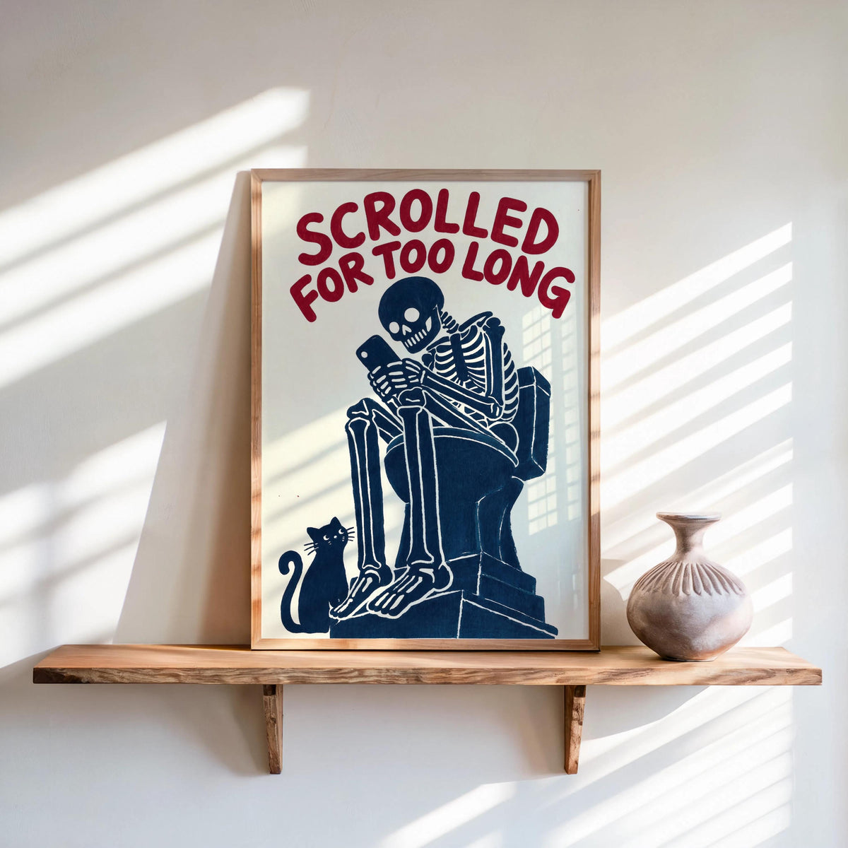 Scrolled For Too Long Wall Art, Funny Toilet Decor, Skeleton Reading Phone Print, Gothic Bathroom Poster, Dark Humor Cat Lover Gift