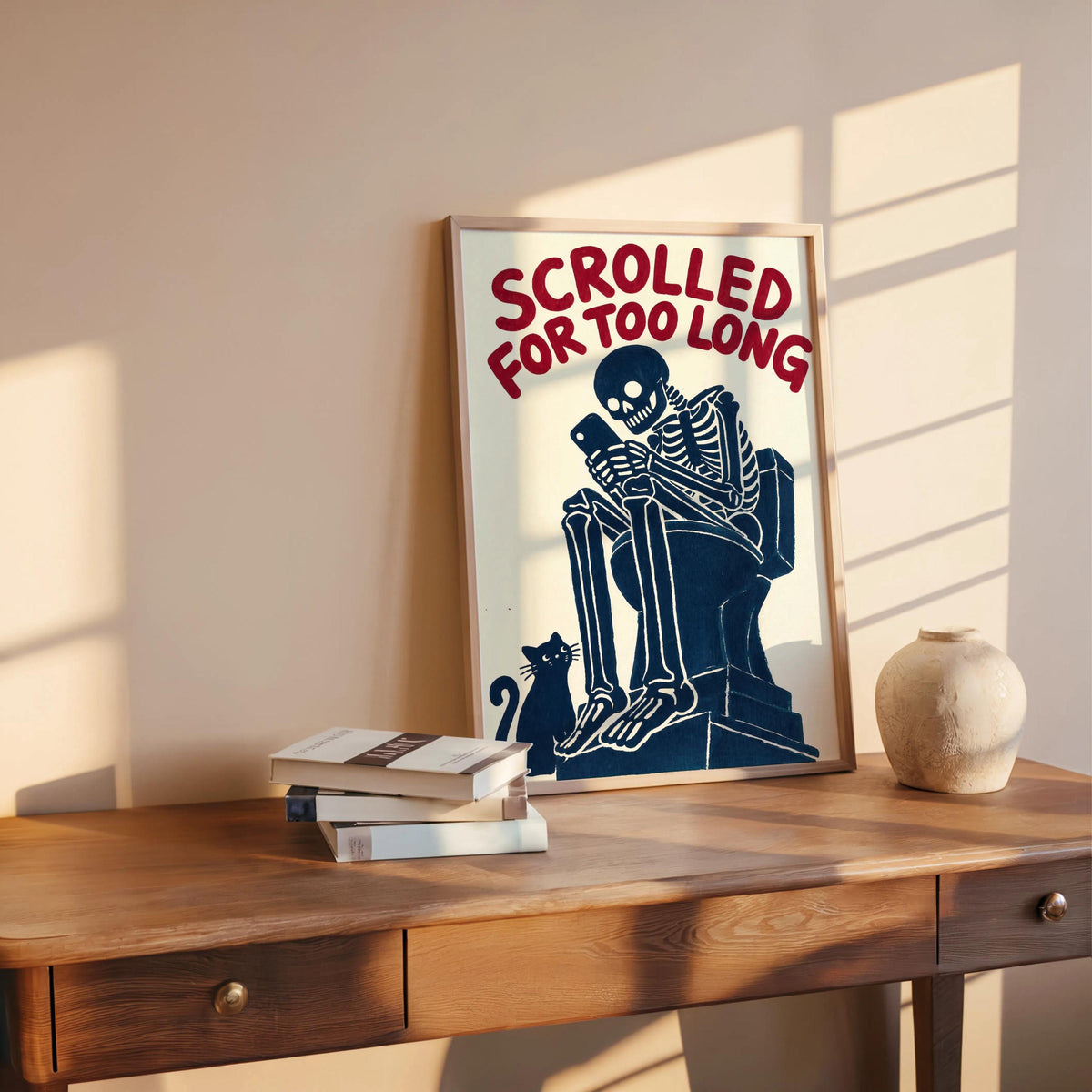 Scrolled For Too Long Wall Art, Funny Toilet Decor, Skeleton Reading Phone Print, Gothic Bathroom Poster, Dark Humor Cat Lover Gift