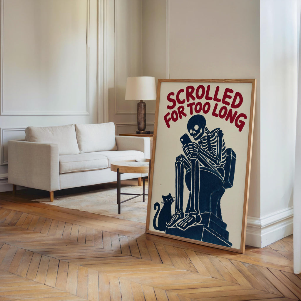 Scrolled For Too Long Wall Art, Funny Toilet Decor, Skeleton Reading Phone Print, Gothic Bathroom Poster, Dark Humor Cat Lover Gift