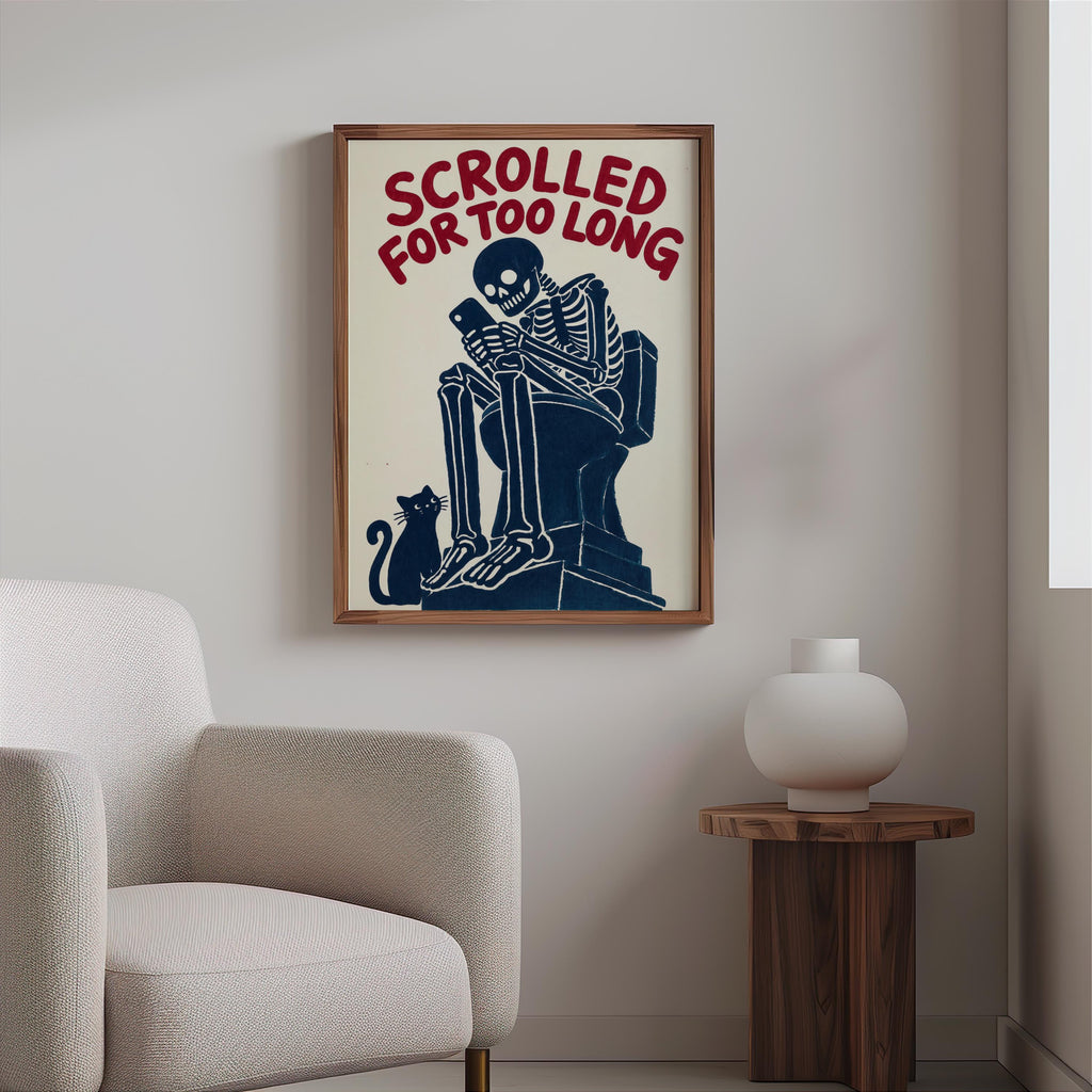 Scrolled For Too Long Wall Art, Funny Toilet Decor, Skeleton Reading Phone Print, Gothic Bathroom Poster, Dark Humor Cat Lover Gift